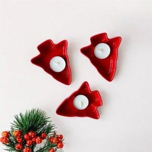 🎄 Lot de 3 Mini Assiettes Sapin Rouges + 3 Bougies Chauffe-Plat