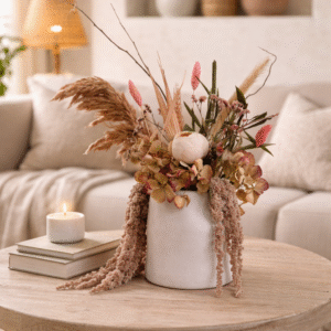 Aura Poudrée – Composition florale beige, rose tendre et touches naturelles.
