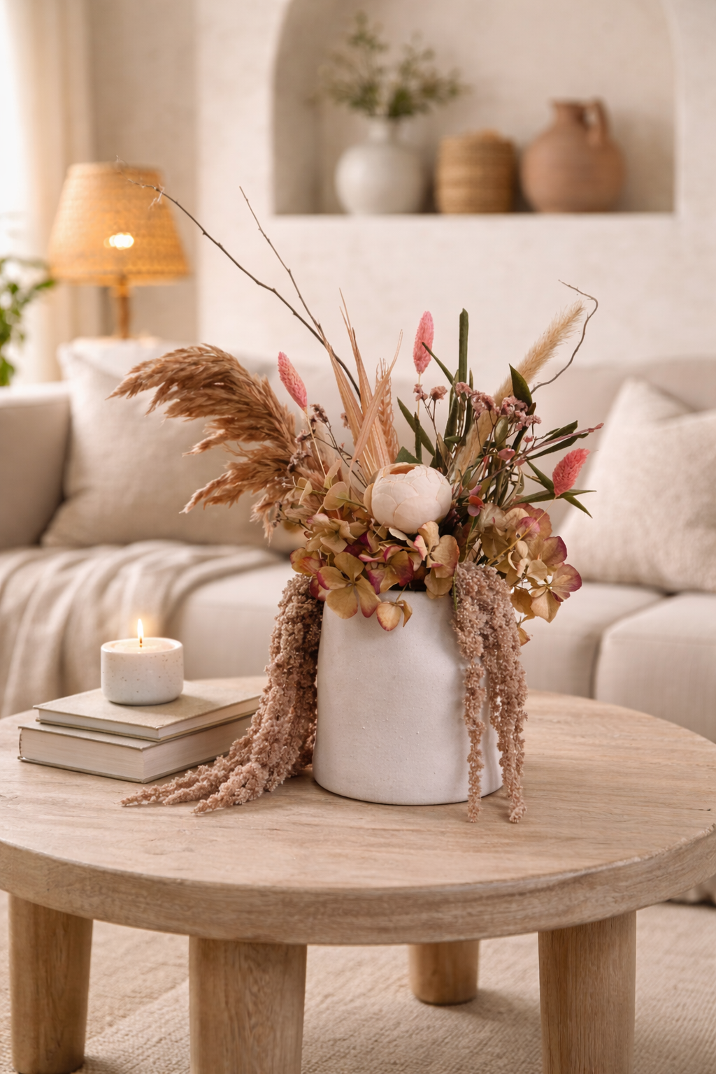 Aura Poudrée – Composition florale beige, rose tendre et touches naturelles.