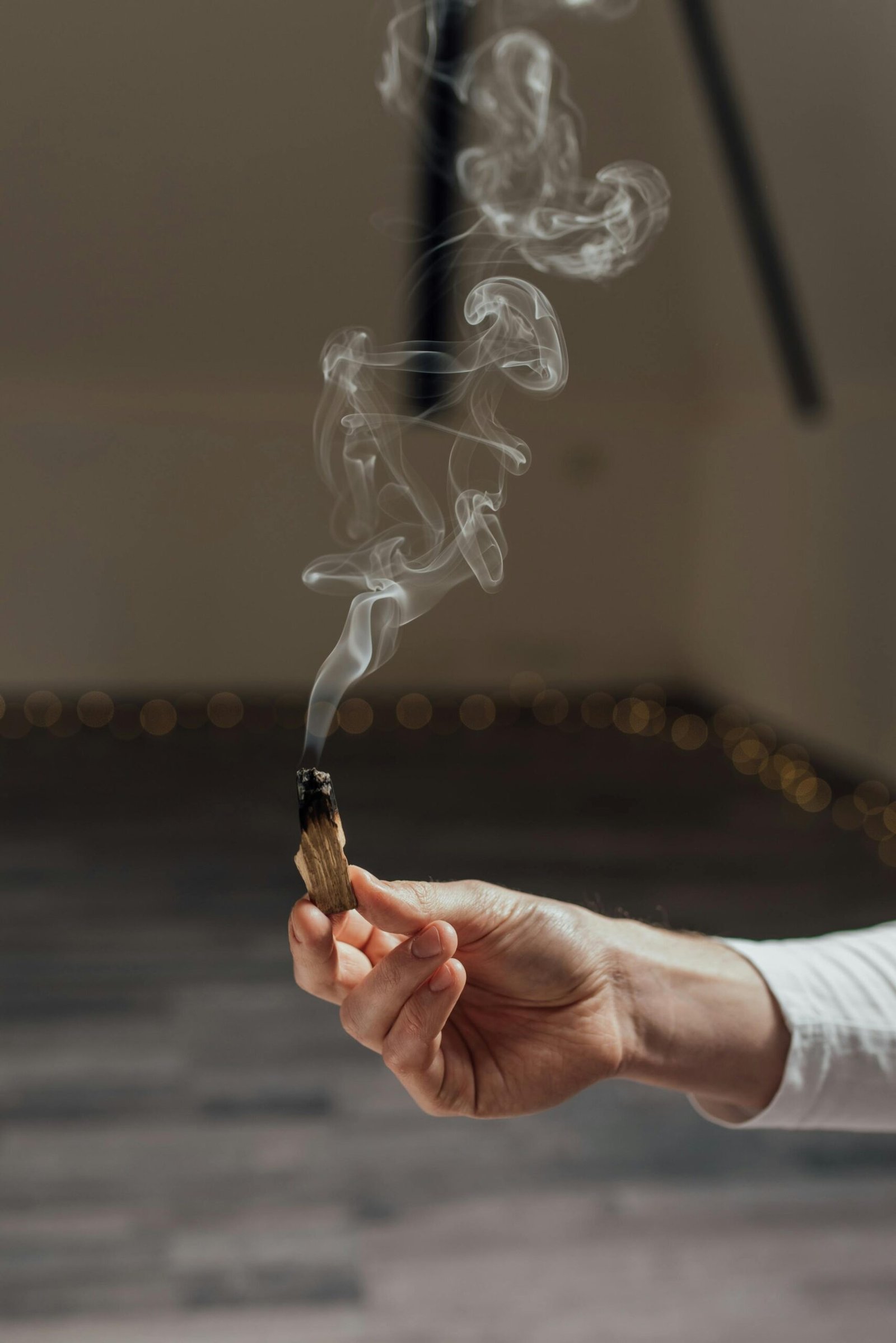 A hand holding a smoldering palo santo stick, creating swirling smoke indoors.