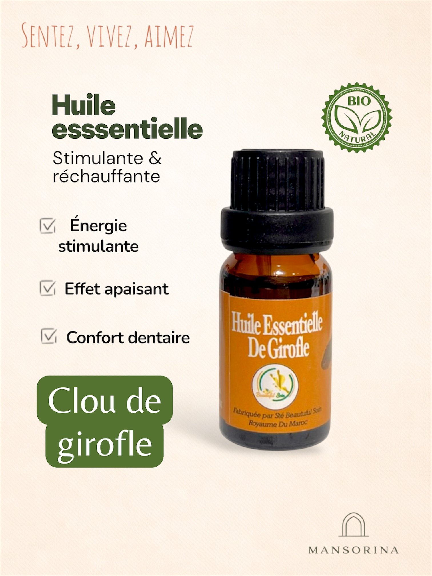 Huile Essentielle de Clou de Girofle 10 ml – Produit Naturel du Maroc | Stimulante & Réchauffante
