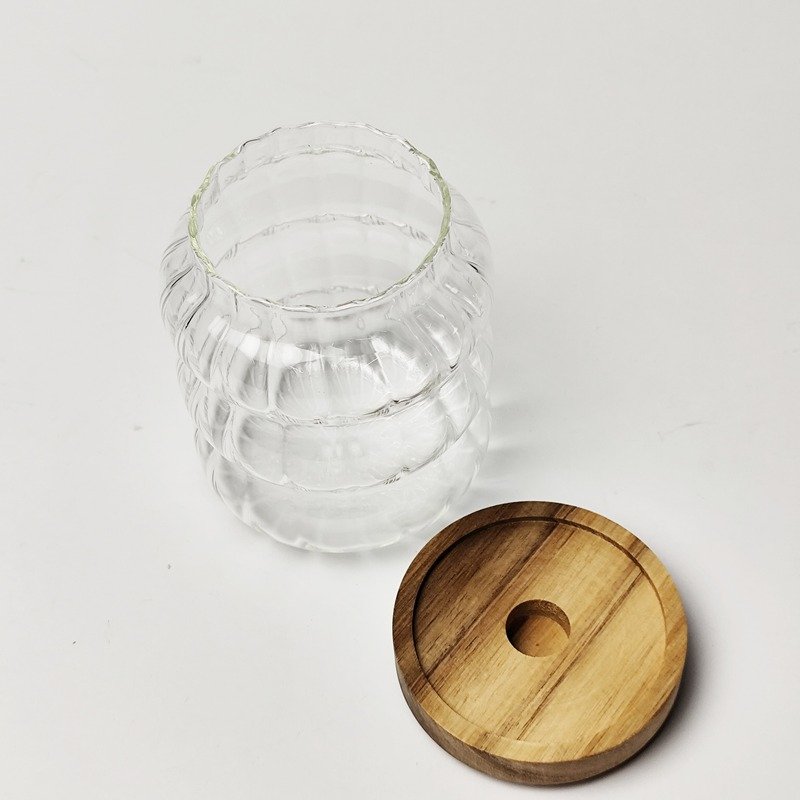 bocal de rangement en verre grainé divers avec couvercle en bois, bouteilles de rangement – Image 3