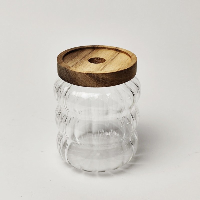 bocal de rangement en verre grainé divers avec couvercle en bois, bouteilles de rangement