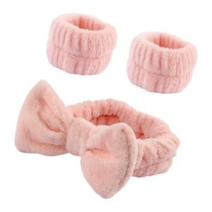 Bandeau SPA Rose Bandeau Cheveux et bracelets Doux Élastique Bandeau Maquillage Femmes pour Soins de la Peau 3 Pcs