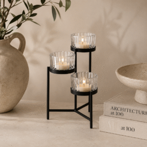 Chandelier bougie trio en métal noir avec bougies chauffe plat